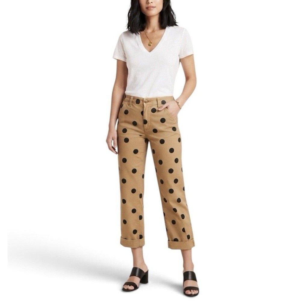 NWT J. Crew Chino Brown Khaki Black Polka Dot High-Rise Pants Cuffed Size 14 NEW